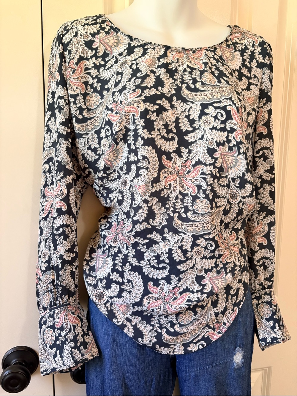LOFT Navy Paisley Print Long-Sleeve Blouse, size M